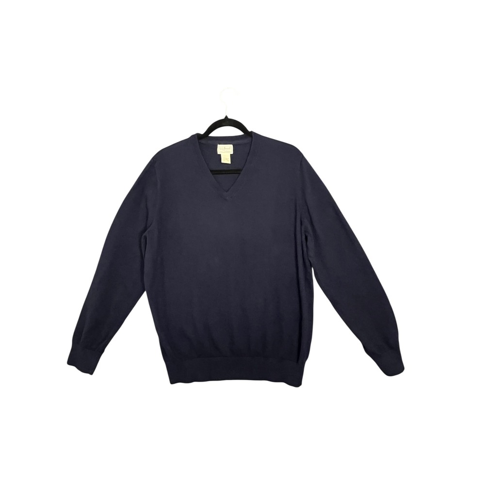 LL Bean Mens Navy Blue Cotton Cashmere V-Neck Sweater Size Large Classic‎ Golf